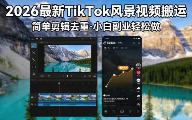 (4.14)2026最新TikTok风景视频搬运简单剪辑去重小白副业月入 8000